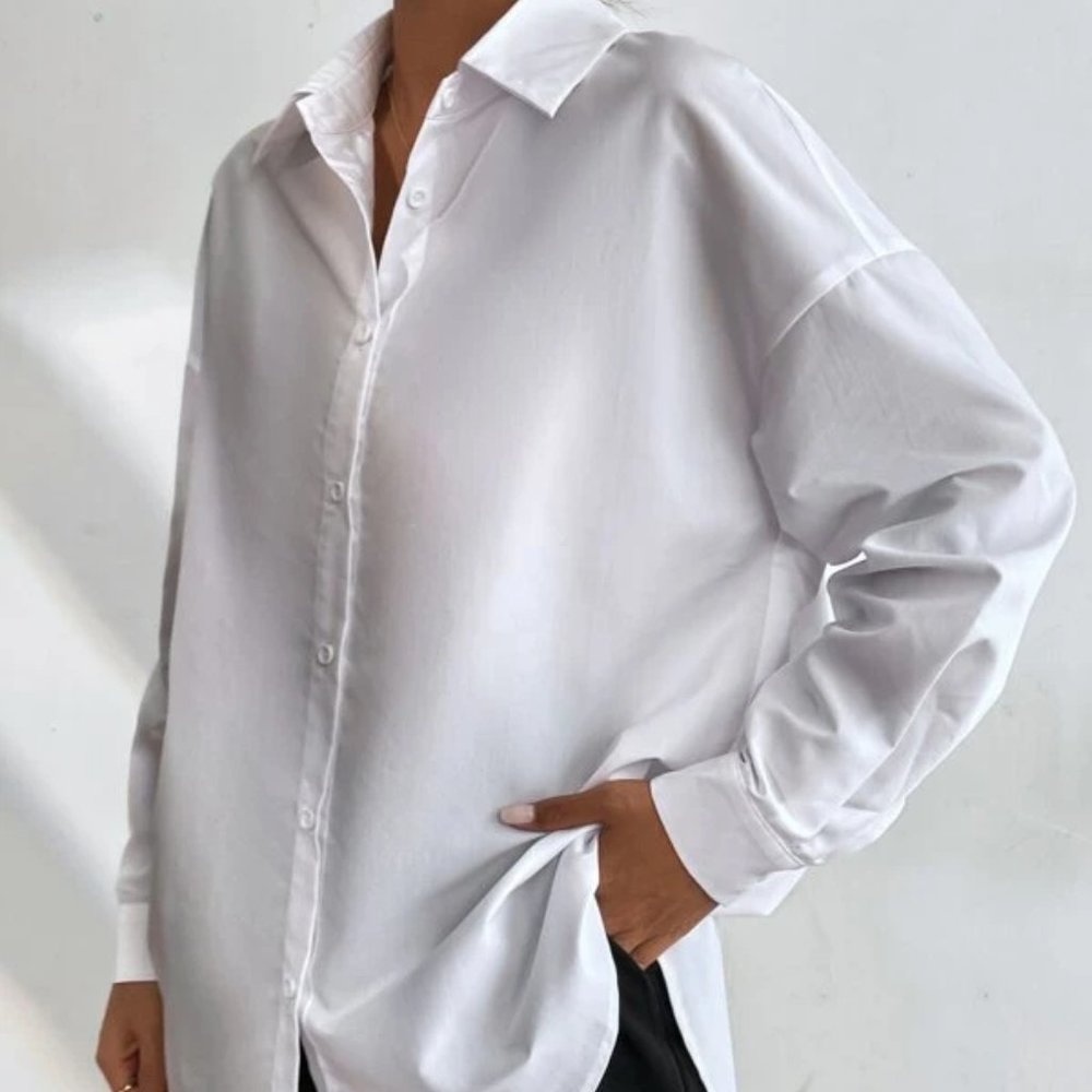 Preppy White Button down Oversized Boyfriend Top - Picture 6 of 8